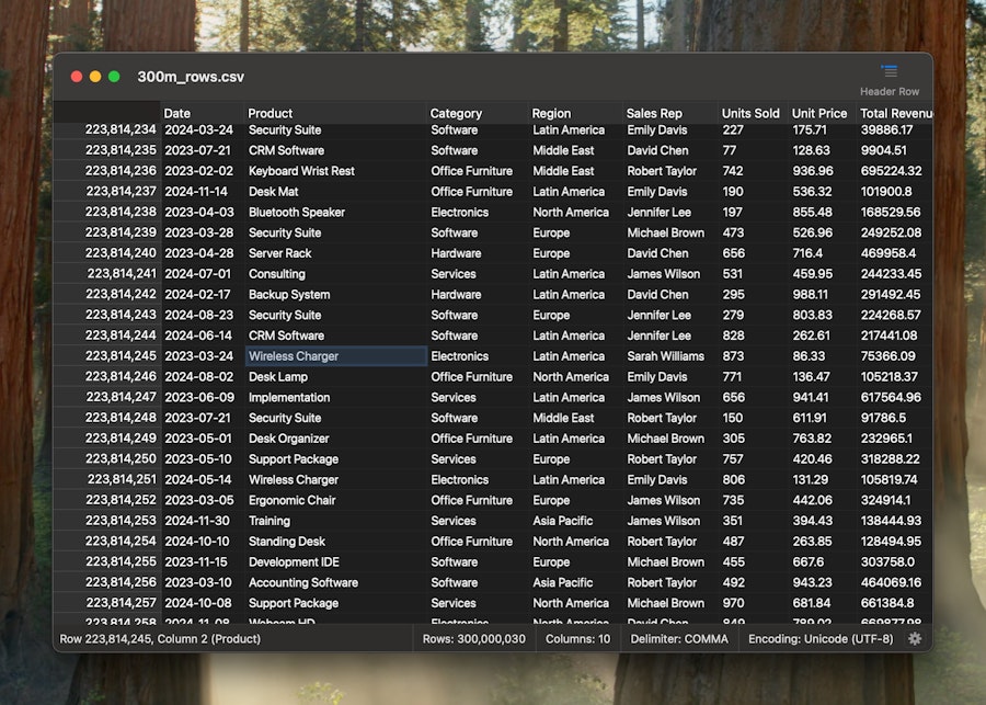 Screenshot showing 300M row CSV file