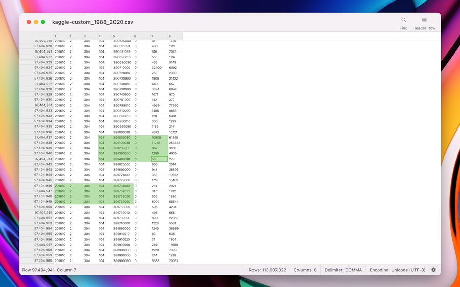Screenshot showing 100M row CSV file zoomed out Screenshot showing 100M row CSV file zoomed out